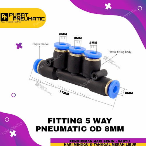 Fitting pneumatic 5 way, 5 lubang selang 8 mm