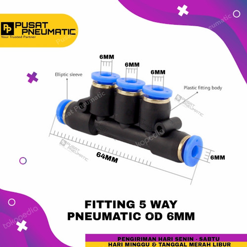 Fitting pneumatic 5 way, 5 lubang selang 6 mm