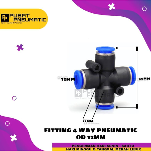 Fitting pneumatic Cross 4 Cabang/ Fitting + 4 tube sama Ukran 12mm