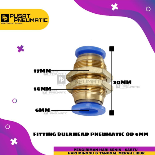 Fitting Bulk Head TUBE-TUBE with Ring Mur Ukuran tube 6 mm