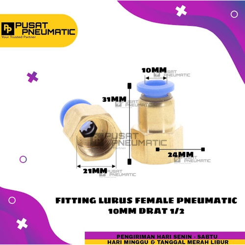 FITTING LURUS FEMALE PNEUMATIC SELANG 10MM DRAT 1/2"(20mm)