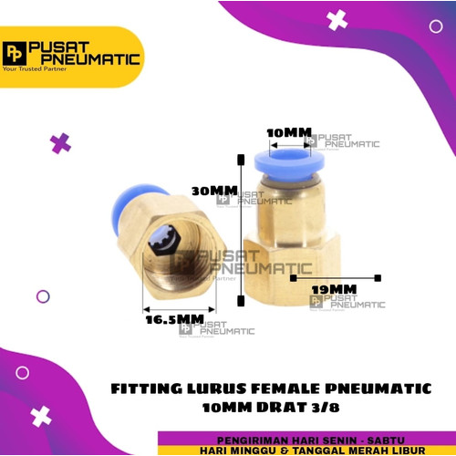 FITTING LURUS FEMALE PNEUMATIC SELANG 10MM DRAT 3/8"(16mm)