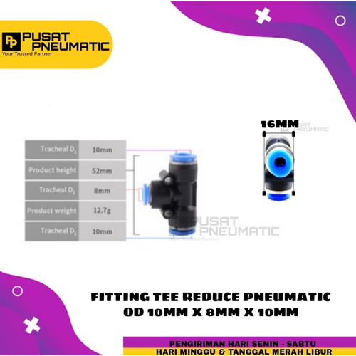 FITTING TEE REDUCE PNEUMATIC SELANG 10MM KIRI KANAN 8MM BAWAH