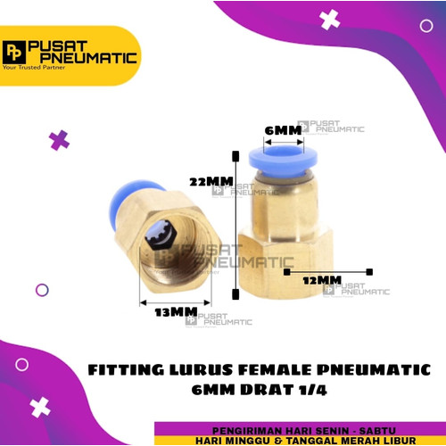 FITTING LURUS FEMALE PNEUMATIC SELANG 6MM DRAT 1/4"