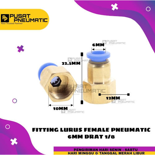 FITTING LURUS FEMALE PNEUMATIC SELANG 6MM DRAT 1/8"