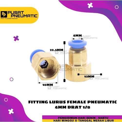 FITTING LURUS FEMALE PNEUMATIC SELANG 4MM DRAT 1/8"