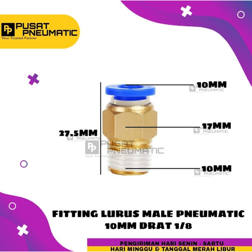 FITTING LURUS MALE PNEUMATIC SELANG 10MM DRAT 1/8"