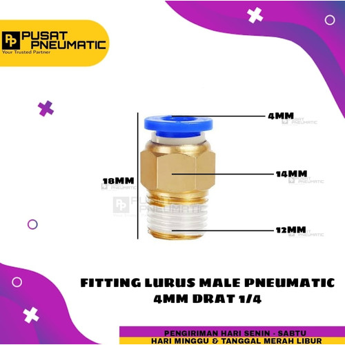 FITTING LURUS MALE PNEUMATIC SELANG 4MM DRAT 1/4