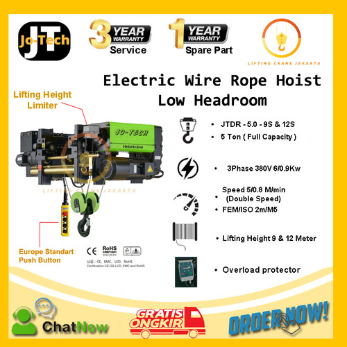 Electric Wire Rope Hoist JO-Tech Low Headroom JTDR5T (4 Rope Falls)