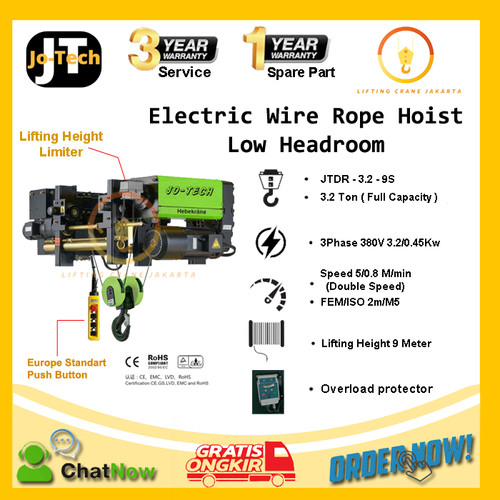 Electric Wire Rope Hoist JO-Tech Low Headroom JTDR3.2T (4 Rope Falls)