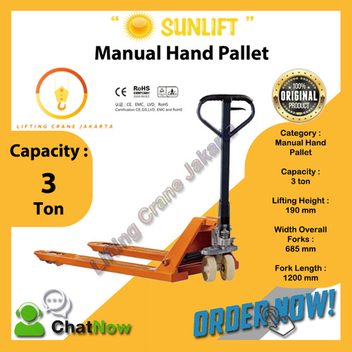 Hand Pallet Manual SUN-Lift 3000 Kg / 3 Ton Lebar Garpu Standart