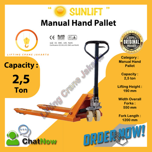 Hand Pallet Manual SUN-Lift 2500 Kg / 2.5 Ton Lebar Garpu Kecil