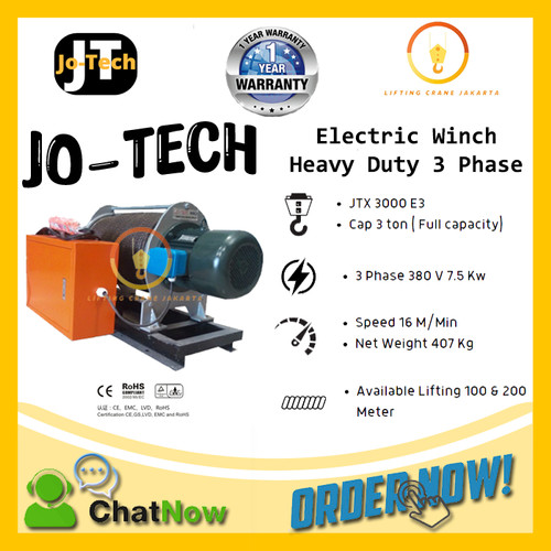 Electric Winch JO-Tech Heavy Duty Cap 3 Ton x 100 Meter