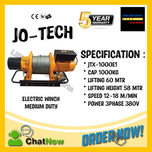 Electric Winch Hoist 1 Ton x 60 Meter 3 Phase JO-Tech