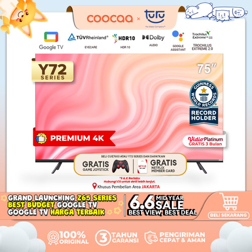 COOCAA 75 Inch Smart LED TV - Netflix & Youtube - Dolby - Flicker Free