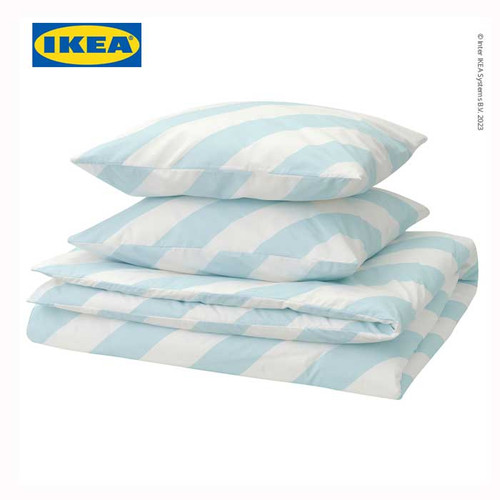 IKEA SLOJSILJA Sarung Duvet 200x200 dan Bantal 50x80 Strip Putih Biru