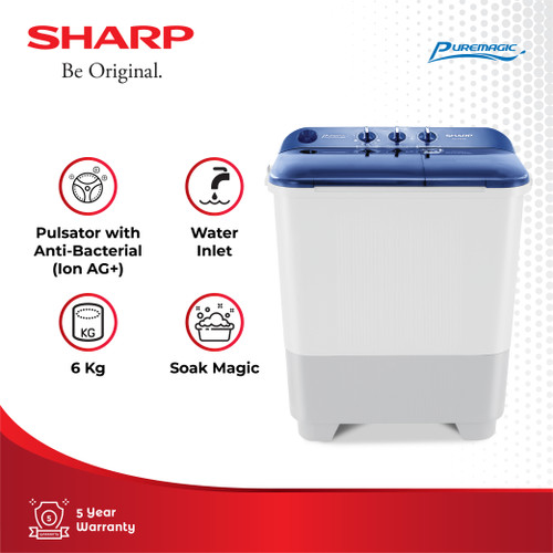 SHARP Mesin Cuci 2 Tabung ES-T65NT-BL Blue 6 Kg