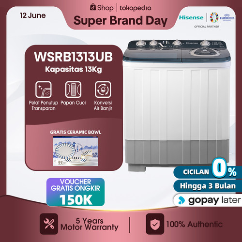 Hisense Mesin Cuci 2 Tabung Top Load 13 KG Washing Machine WSRB1313UB