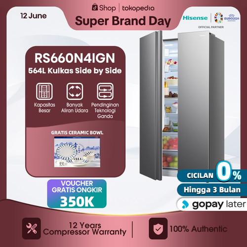 Hisense Kulkas Side by Side lemari es Refrigerator RS660N4IGN Silver