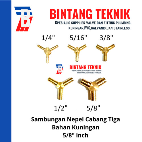 Sambungan Nepel Selang Cabang Tiga Kuningan 5/8" inch