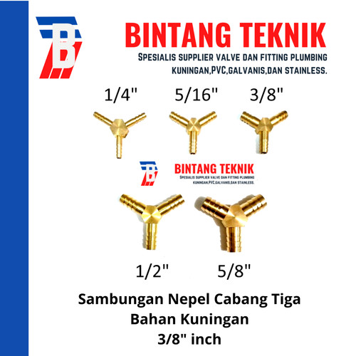 Sambungan Nepel Selang Cabang Tiga Kuningan 3/8" inch