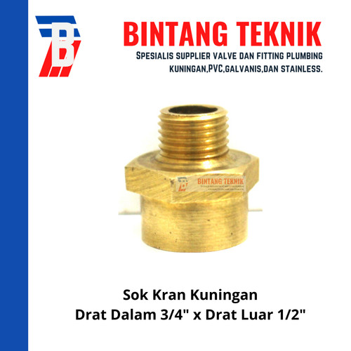 Sok (Sock) Kran Kuningan Drat Dalam 3/4" x Drat Luar 1/2"