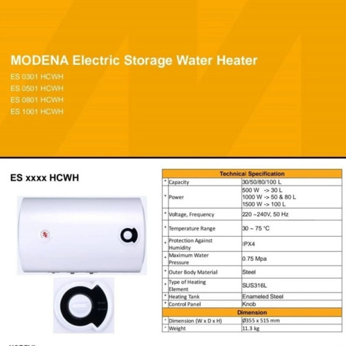 Modena Electric Water Heater ES 80 Liter Horisontal