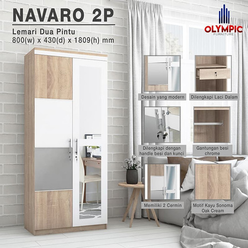 Olympic Lemari Pakaian / Baju 2 Pintu LP Navaro 2P Cermin Modern Kayu