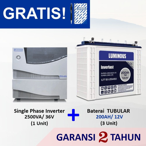 PROMO COMBO PAKET 2500VA SINGLE PHASE + BATERAI 200AH TUBULAR LUMINOUS