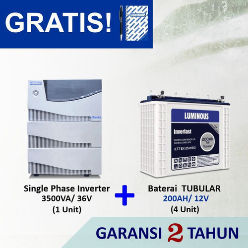 PROMO COMBO PAKET 3500VA SINGLE PHASE + BATERAI 200AH TUBULAR LUMINOUS