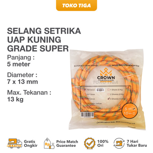 Selang Setrika Uap Kuning Grade SUPER / 1 Meter Merek CROWN