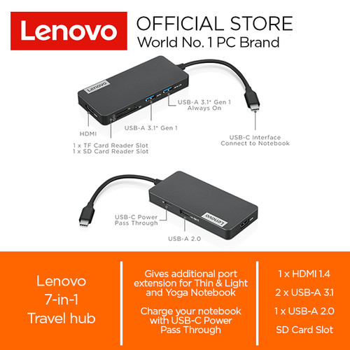 - Lenovo USB C 7 in 1 Travel Hub