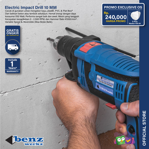 Mesin Bor Beton Tembok 10 mm / Electric Impact Drill Benz Werkz