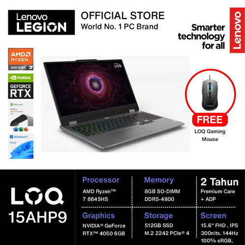 LENOVO LOQ 15AHP9 RYZEN 7 8845HS RTX4050 6GB/ 8GB 512GB W11+OHS 144HZ