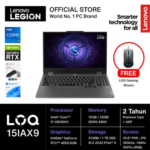 LENOVO LOQ 15IRX9 I7 13650HX RTX4050 6GB/ 12GB 512GB W11+OHS 144HZ