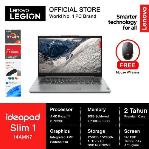 Lenovo Ideapad Slim 1 Ryzen 3 7320 8GB 256GB Radeon 610M W11+OHS 14"