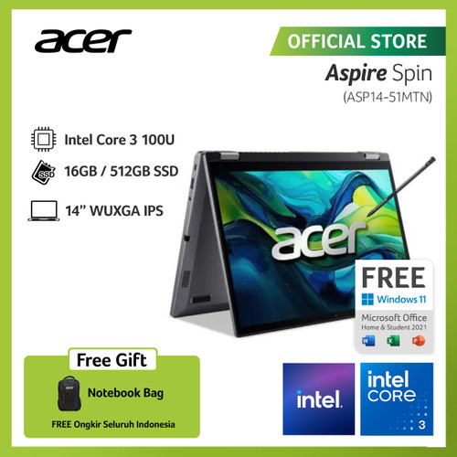 Acer Aspire Spin 14 ASP14-51MTN-351C Intel Core 3 100U Intel Graphics 64 EU 16GB RAM 512GB SSD