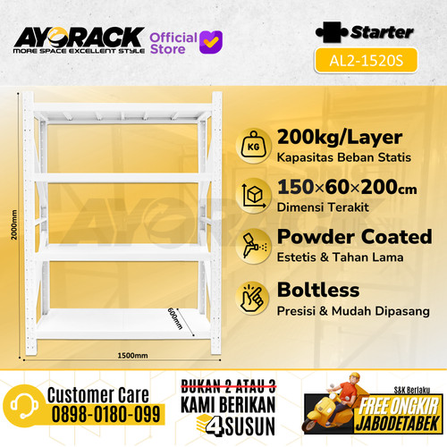 RAK GUDANG BESI AYORACK AL2-1520S 200KG - 2 METER 4 SUSUN PANJANG 1.5M