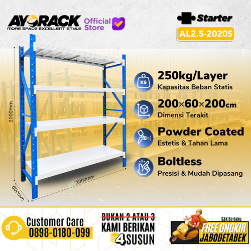 RAK GUDANG BESI 2 METER 4 TINGKAT AYORACK AL2.5-2020S LIGHT DUTY 250KG