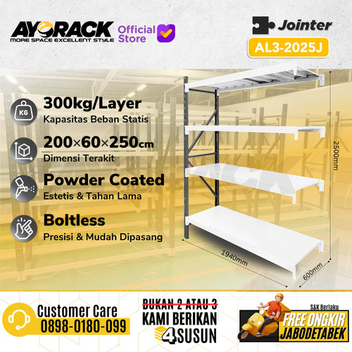 RAK GUDANG BESI 4 SUSUN 2.5 METER AYORACK AL3-2025J 300KG JOINTER RACK