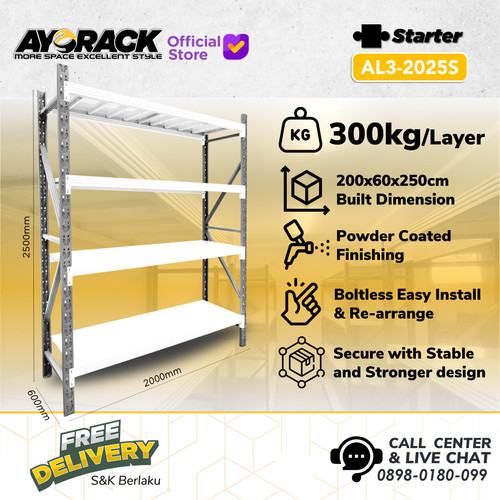 RAK GUDANG BESI 4 SUSUN 2.5 METER AYORACK AL3-2025S 300KG STARTER RACK