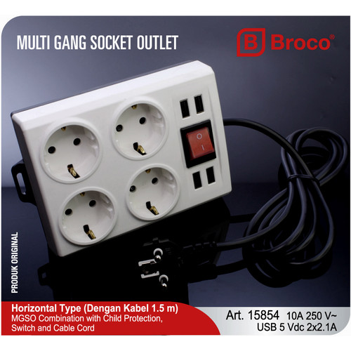 Broco 15854 Stop Kontak 4 Lubang (CP + 4 USB + Switch Dengan Kabel)