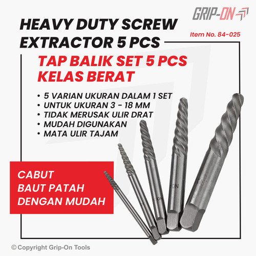 GRIP-ON HEAVY DUTY SCREW EXTRACTOR TAP BALIK KELAS BERAT SET 5 PCS