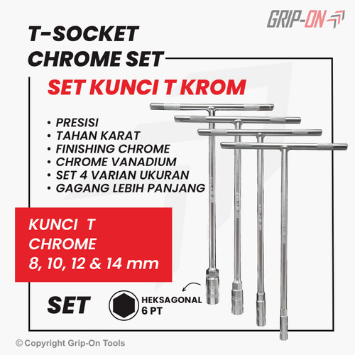 GRIP-ON T-SOCKET CHROME KUNCI SOKET T CHROME / KUNCI T KROM SET 4 PCS