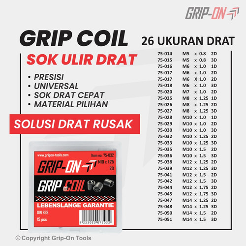 Grip-On Grip Coil Recoil M5-M12 2D 3D Untuk Baut Mur Drat Rusak / Slek