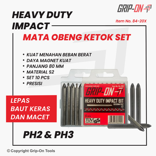 Grip-On Heavy Duty Impact Mata Obeng Ketok Set 80X8 MM (PH2 / PH3)