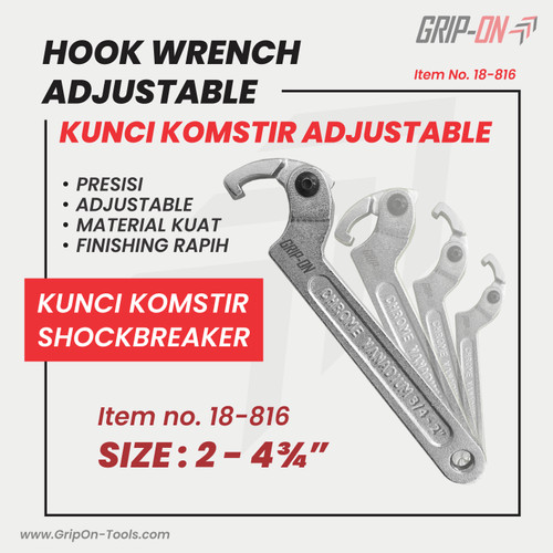 GRIP-ON HOOK WRENCH ADJUSTABLE KUNCI KOMSTIR FLEXIBLE 2 - 4 3/4 IN