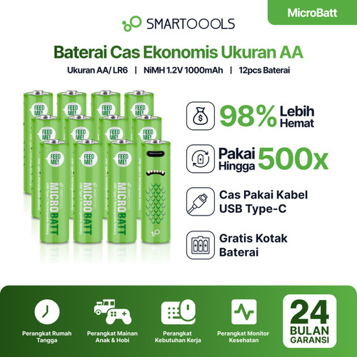 Smartoools MicroBatt AA 1.2V Micro USB Baterai Cas Isi Ulang 12pcs