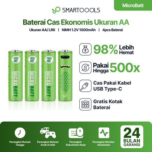 Baterai Cas Isi Ulang 4pcs Smartoools MicroBatt AA 1.2V Micro USB