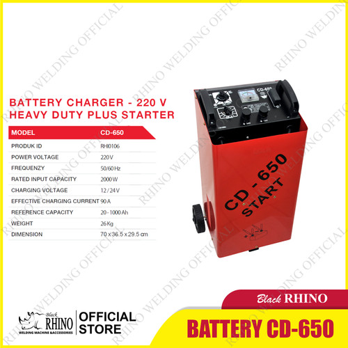 Black RHINO Battery Heavy Dutty CD-650 Plus Starter - 220V